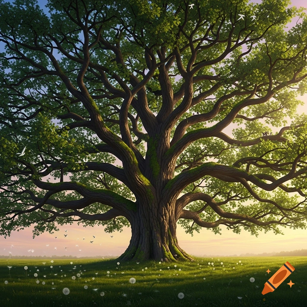 A majestic, large-branched oak tree stands in a vibrant green field under a glowing sunset sky with scattered dandelion seeds.
