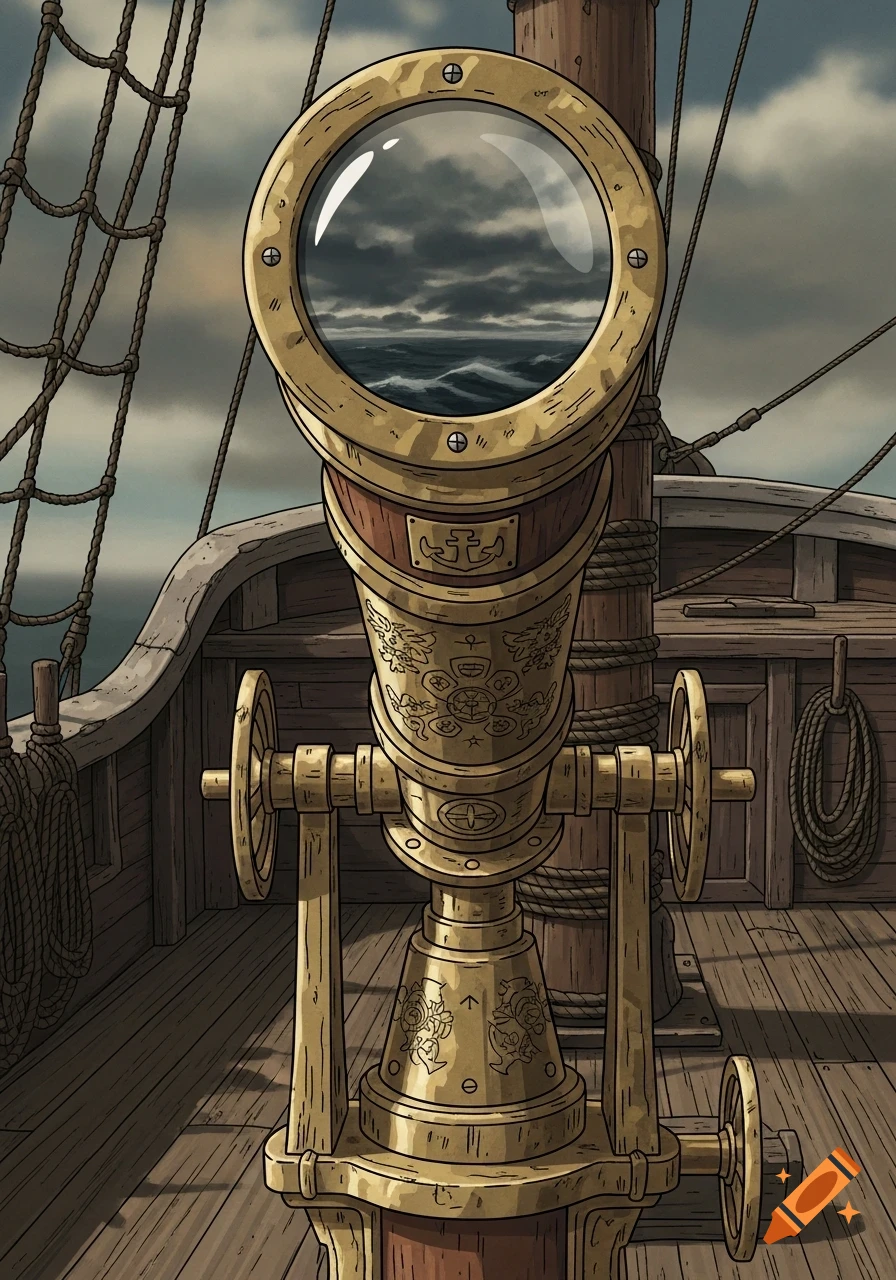 A brass and wood pirate telescope mounted on a ship's deck, showing a view of a stormy, wavy sea through its lens, in a cartoon style.