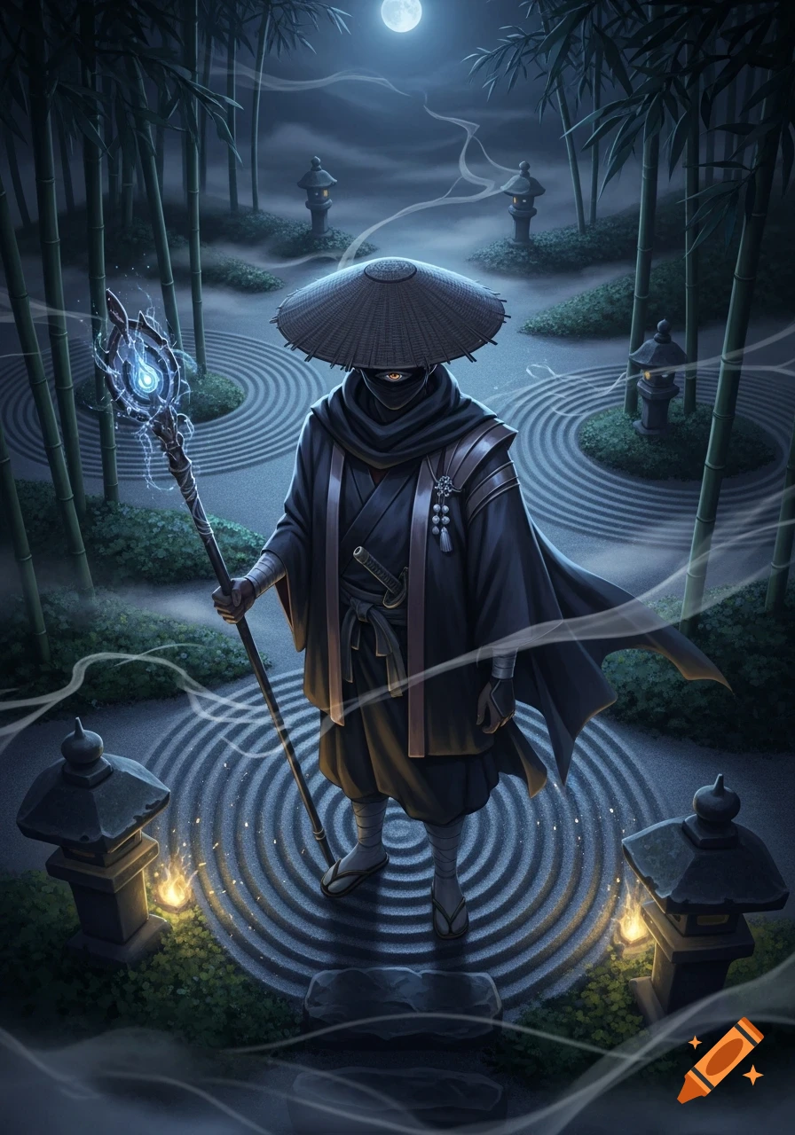 A masked figure in a straw hat and dark robe stands with a glowing staff in a moonlit Japanese rock garden with bamboo and lanterns.