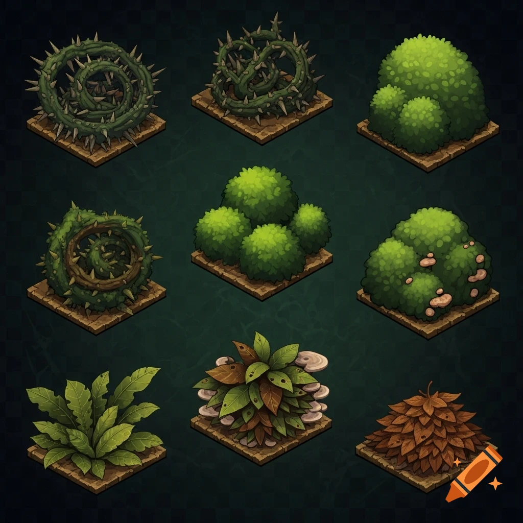 Nine detailed 2D anime-style isometric game assets featuring various dark bushes, thorny vines, green foliage, mushrooms, and dead leaves on square bases.