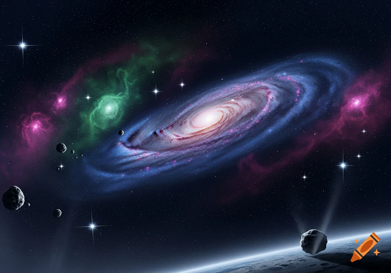 Vibrant spiral galaxy surrounded by green and pink nebulae, with stars, planets, and asteroids in deep space.