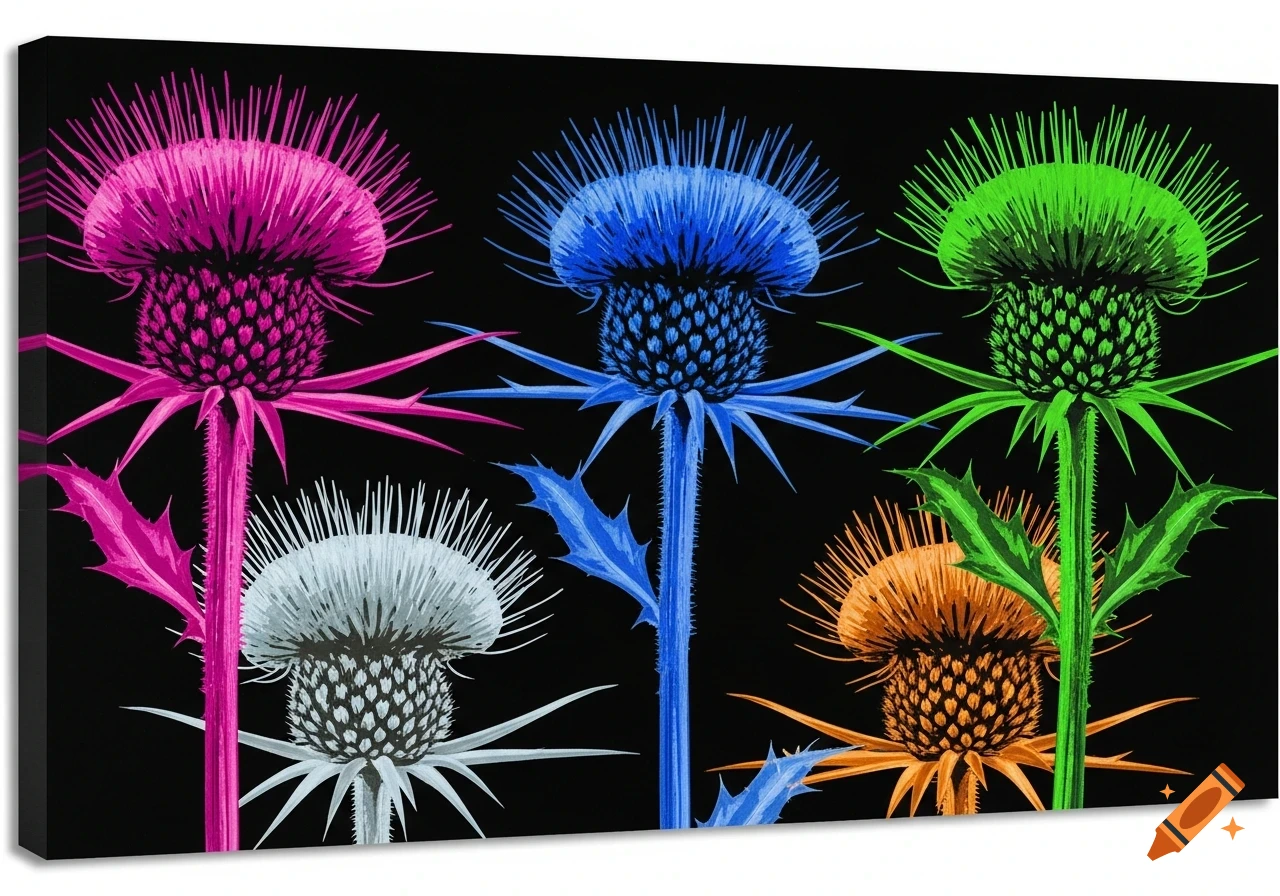 Six vibrant, neon-colored thistles, including pink, blue, green, white, and orange, against a black background in a pop art style.