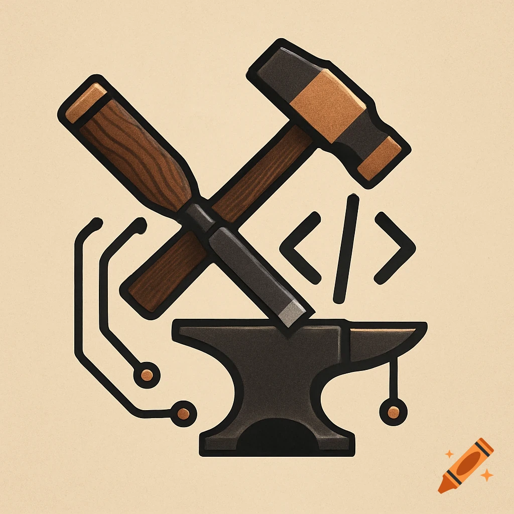 Minimalist illustration of a hammer and chisel crossed over an anvil, with code brackets and circuit lines. Brown, black, and copper colors on a light background.