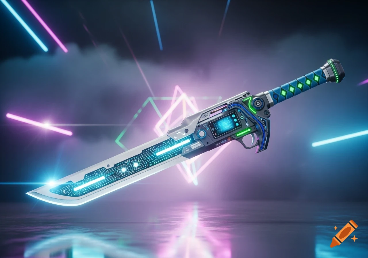 A glowing, neon-blue and green cybernetically enhanced sword with intricate circuitry, set against a dark, futuristic background with pink and blue neon lights.
