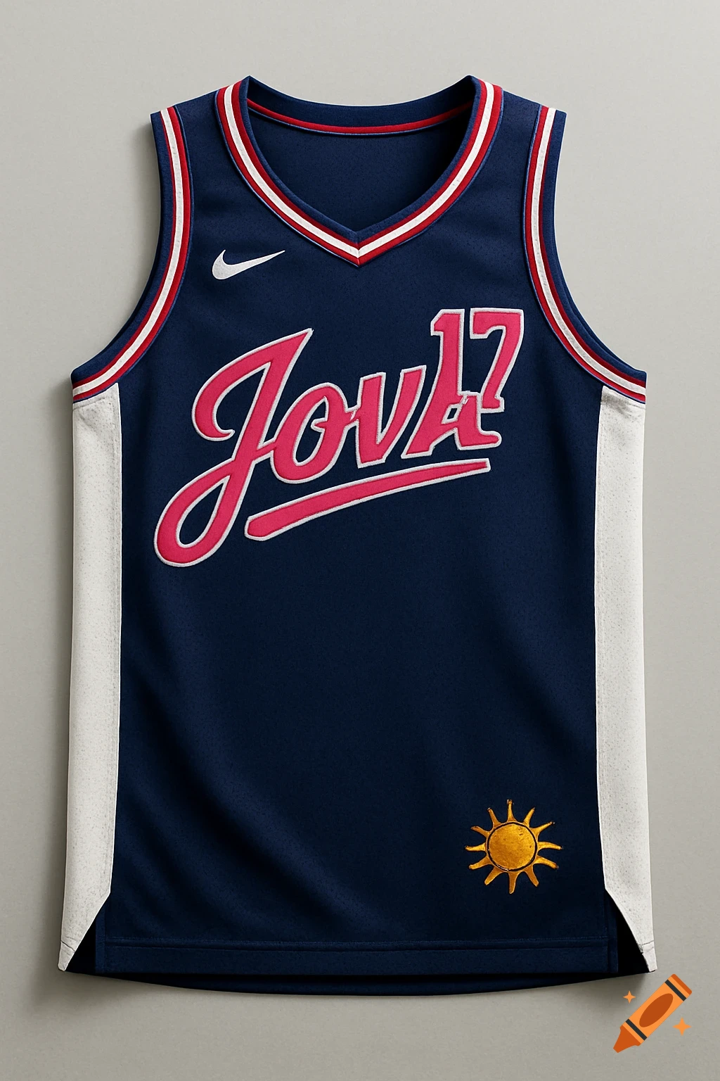 A front view of a navy blue basketball jersey with pink 'JOVA' script, the number '17', a Nike swoosh, and a small sun graphic.