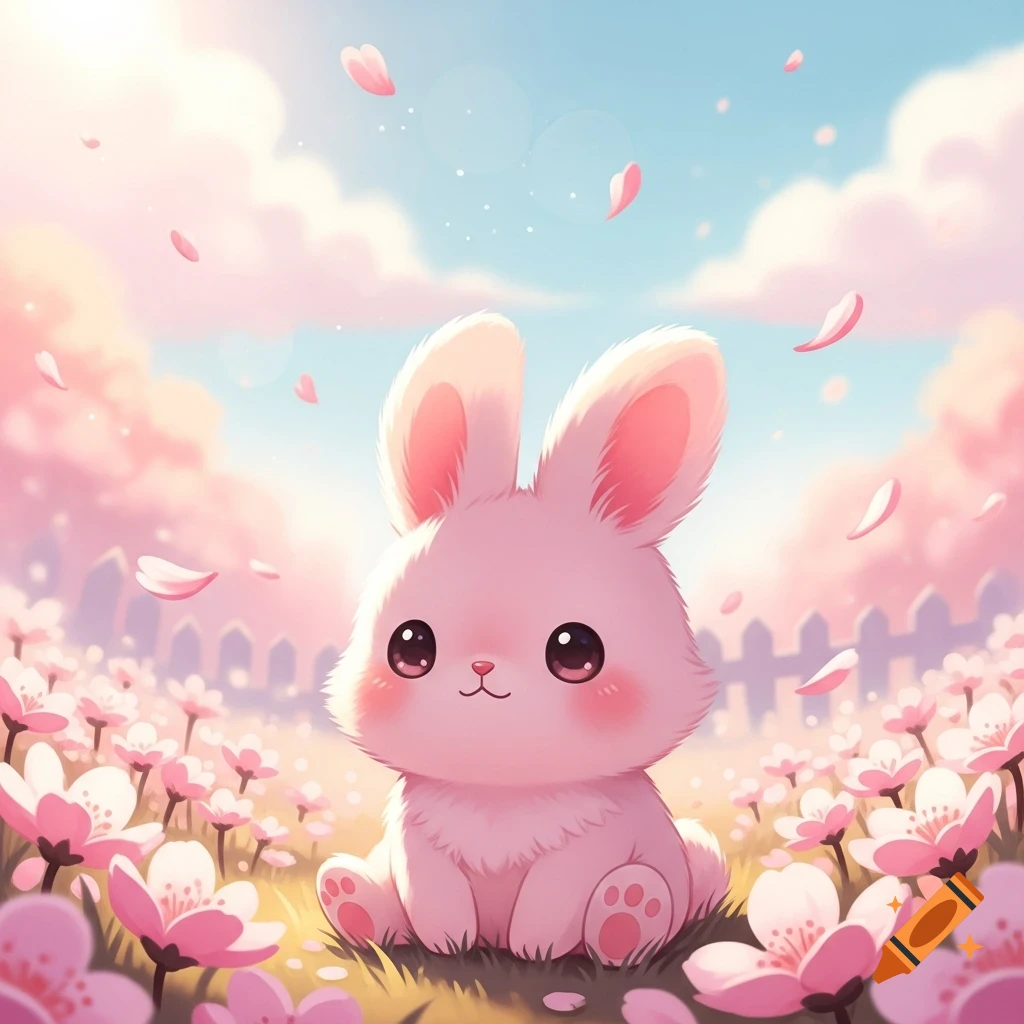 A cute pink cartoon bunny with large eyes sits in a field of pink flowers under a blue sky with pink clouds and falling petals.