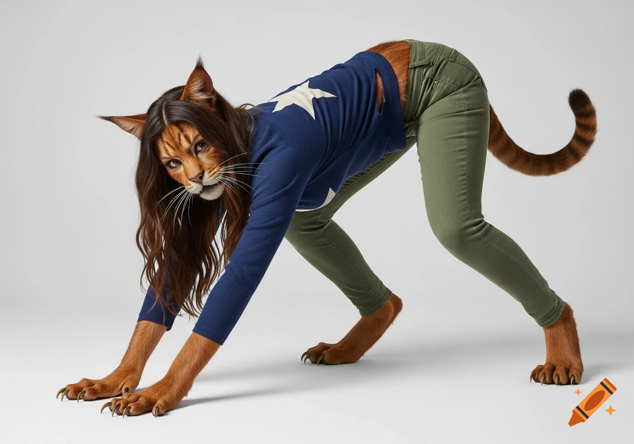 A human figure with long brown hair, transforming into a tawny werecat, bends forward on all fours, wearing a blue shirt with a white star and green pants, against a white background.
