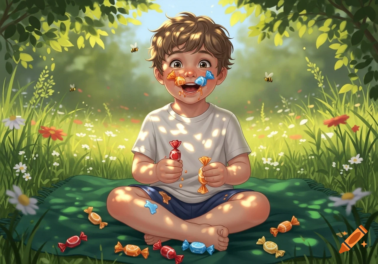 Happy boy with messy face eating candies, sitting on a blanket in a sunny, flowery field with bees, in a colorful illustration.