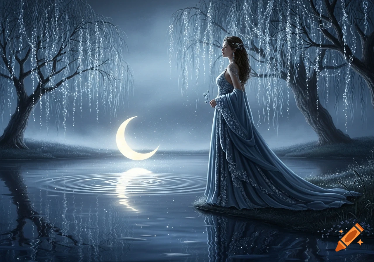 A woman in a flowing blue gown stands by a moonlit lake with glowing ...