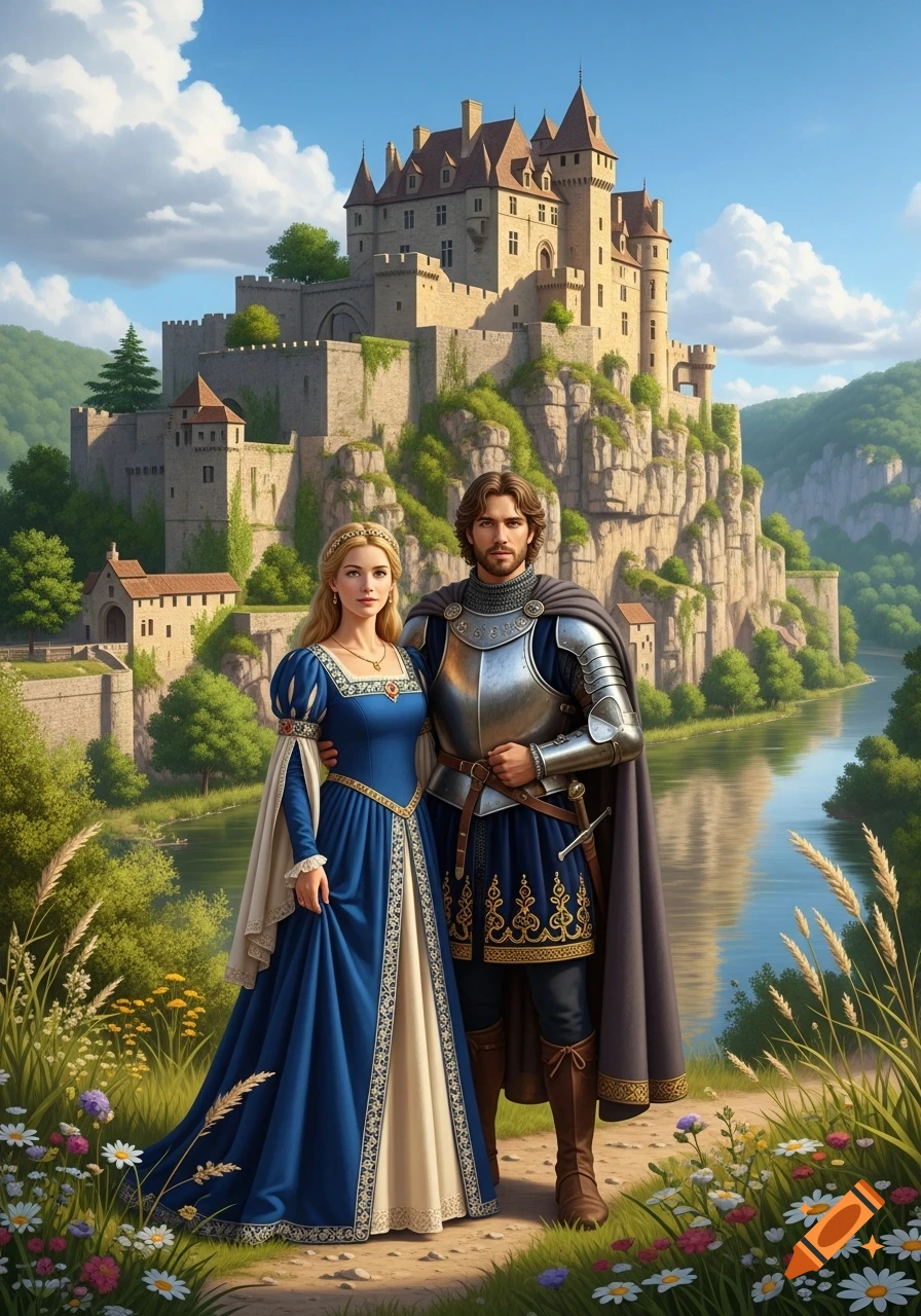 A man in armor and a woman in a blue dress stand before a medieval castle on a cliff overlooking a river valley, surrounded by lush greenery.