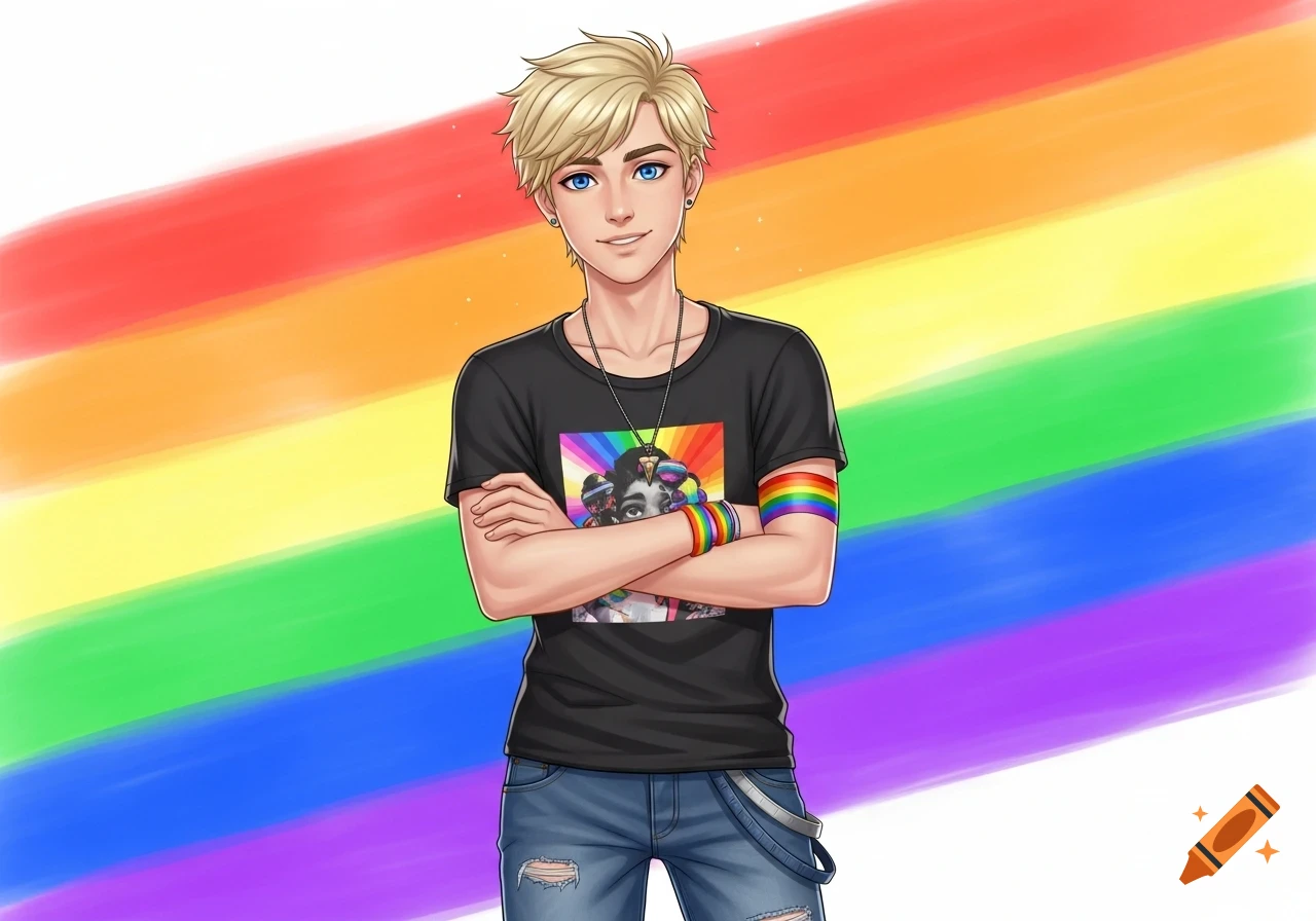 An anime-style blonde boy with blue eyes, wearing a black t-shirt and ripped jeans, stands with crossed arms against a rainbow background, wearing rainbow bracelets and arm band.