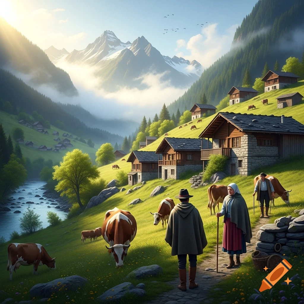 A serene mountain valley with traditional cabins, a winding river, and grazing cows. Two people tend livestock on a sunlit, green hillside.