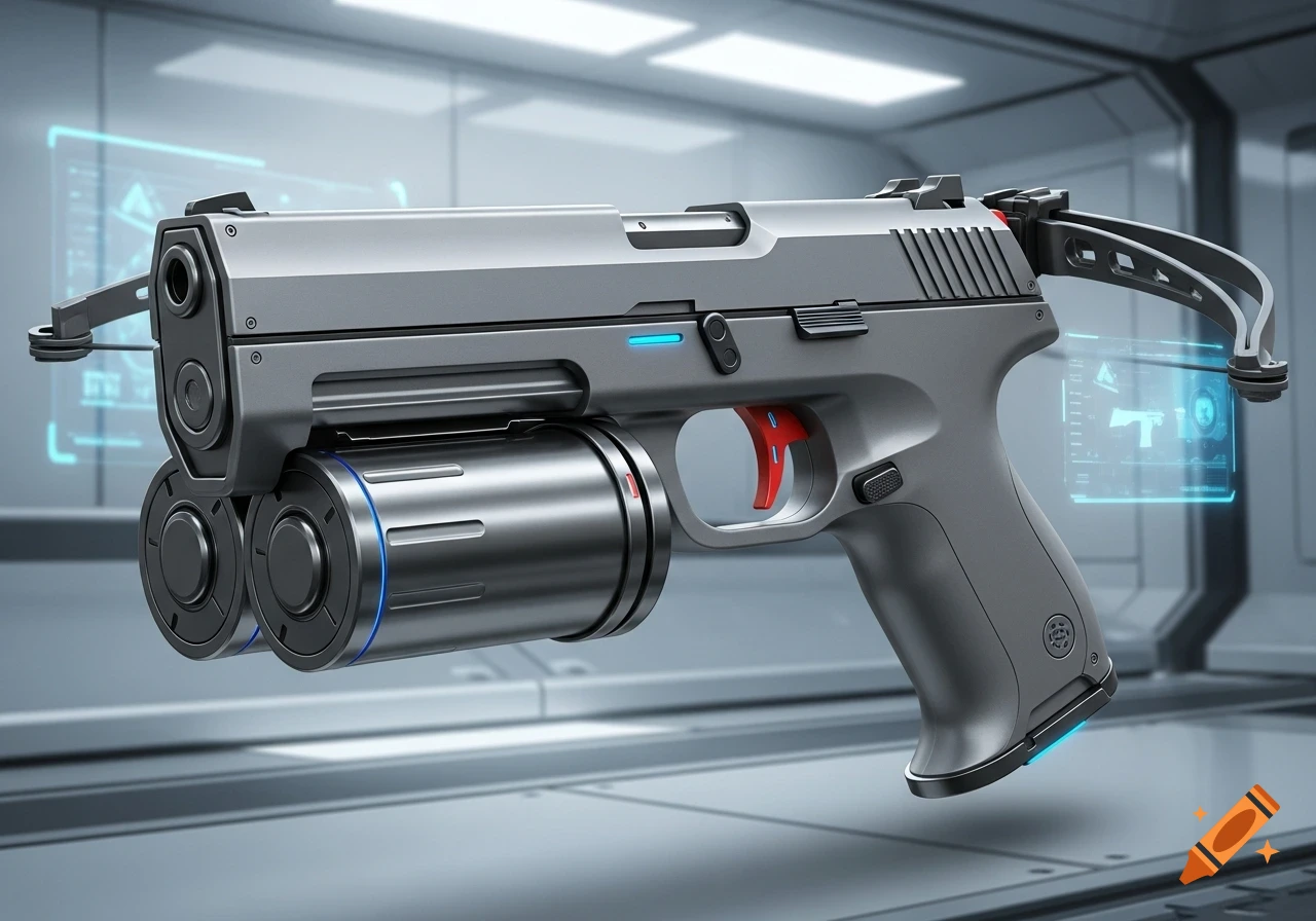 A sleek, futuristic subcompact pistol with cylindrical drums and a crossbow attachment, glowing with blue accents in a sci-fi setting.