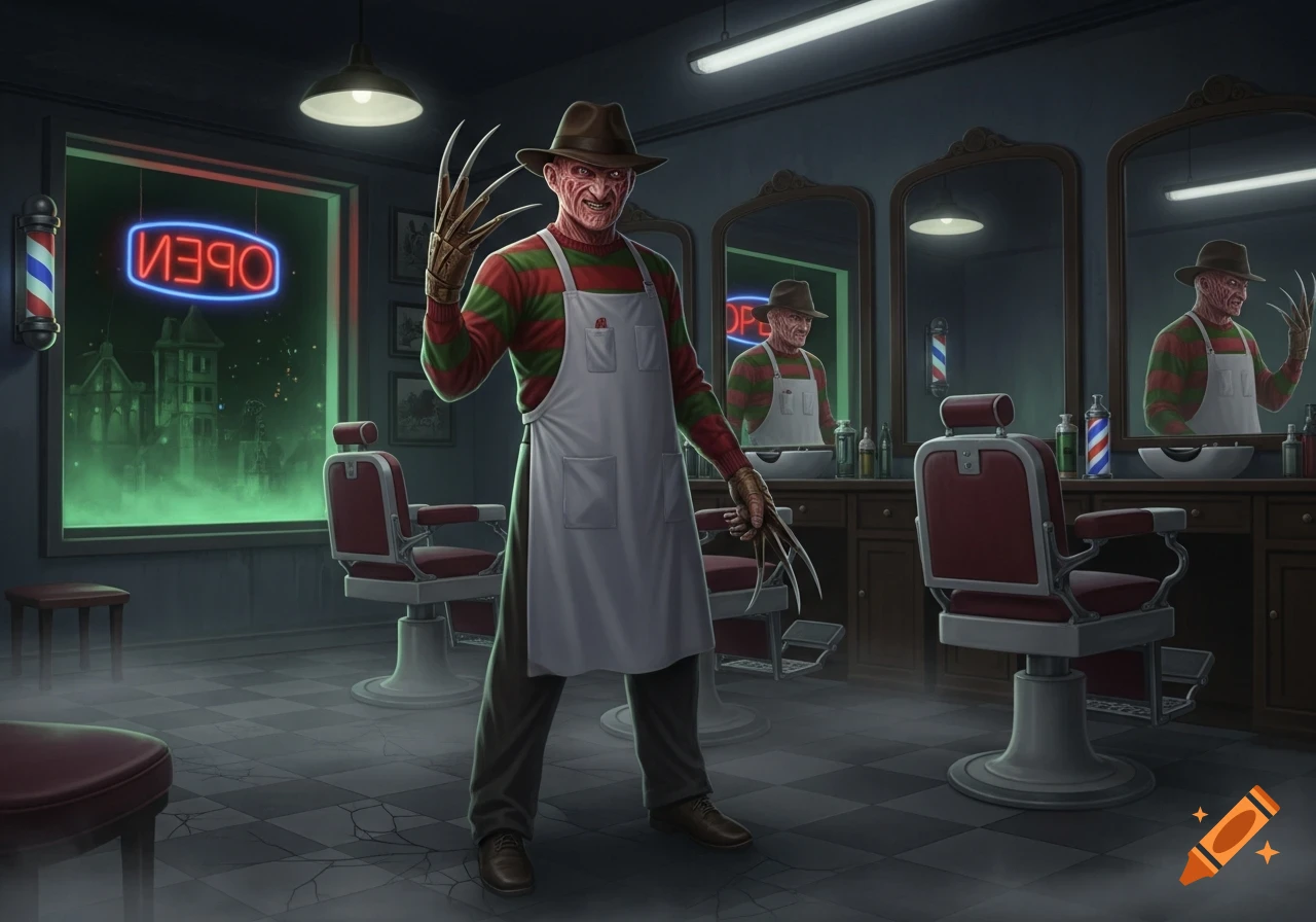 Freddy Krueger in a barber's apron and hat, holding his clawed glove, stands in a dark barbershop with a mirrored 'OPEN' neon sign.