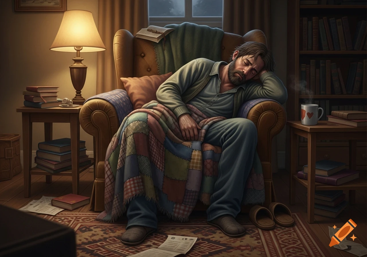 A realistic image of a disheveled man asleep in a cozy armchair under a patchwork blanket, surrounded by books and a warm lamp.