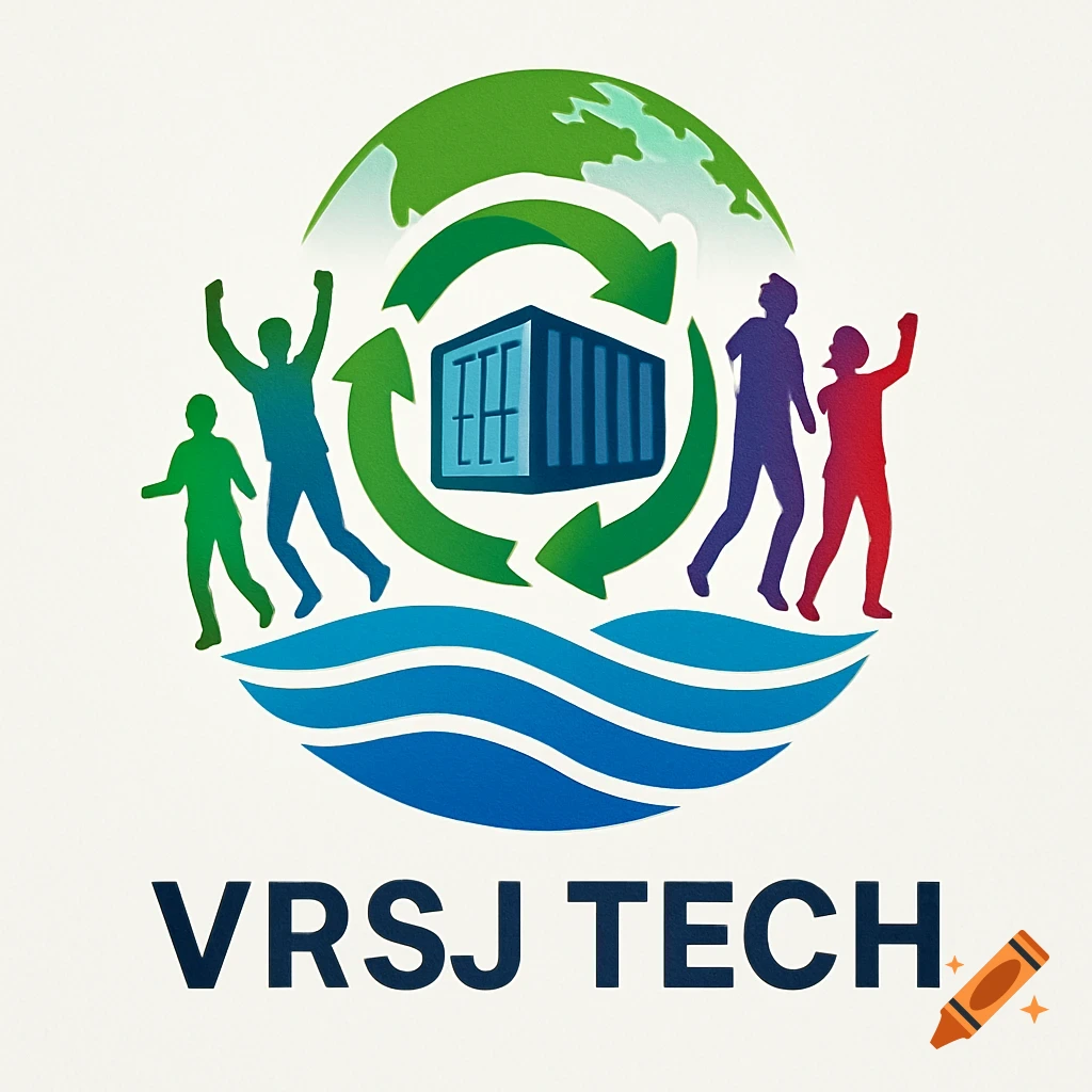 Modern logo for 'VRSJ Tech' featuring a green globe, shipping container, recycling arrows, colorful human silhouettes, and blue waves.