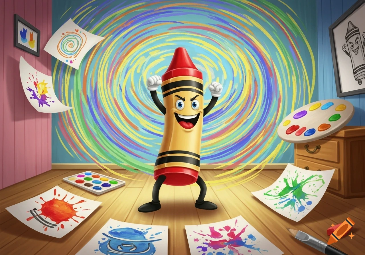 A cheerful cartoon crayon character stands triumphantly in a vibrant, colorful room filled with art supplies and paint splatters.