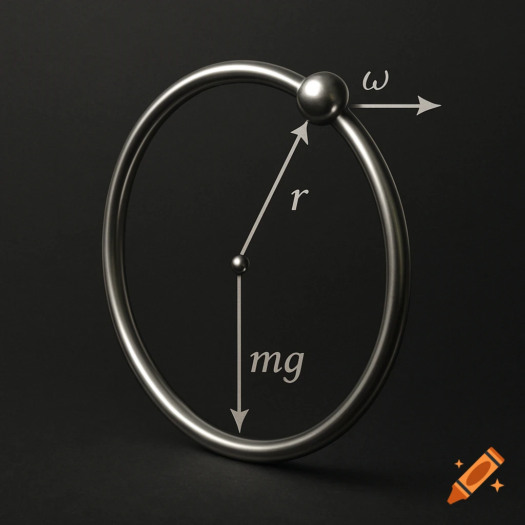 A 3D metallic hoop and bead physics diagram with labels 'r' for radius, 'ω' for angular velocity, and 'mg' for gravity.