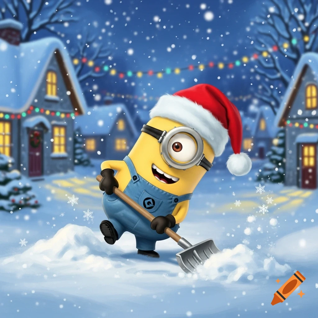 A cheerful Minion wearing a Santa hat shovels snow in a festive, snowy village scene with illuminated houses and Christmas lights.
