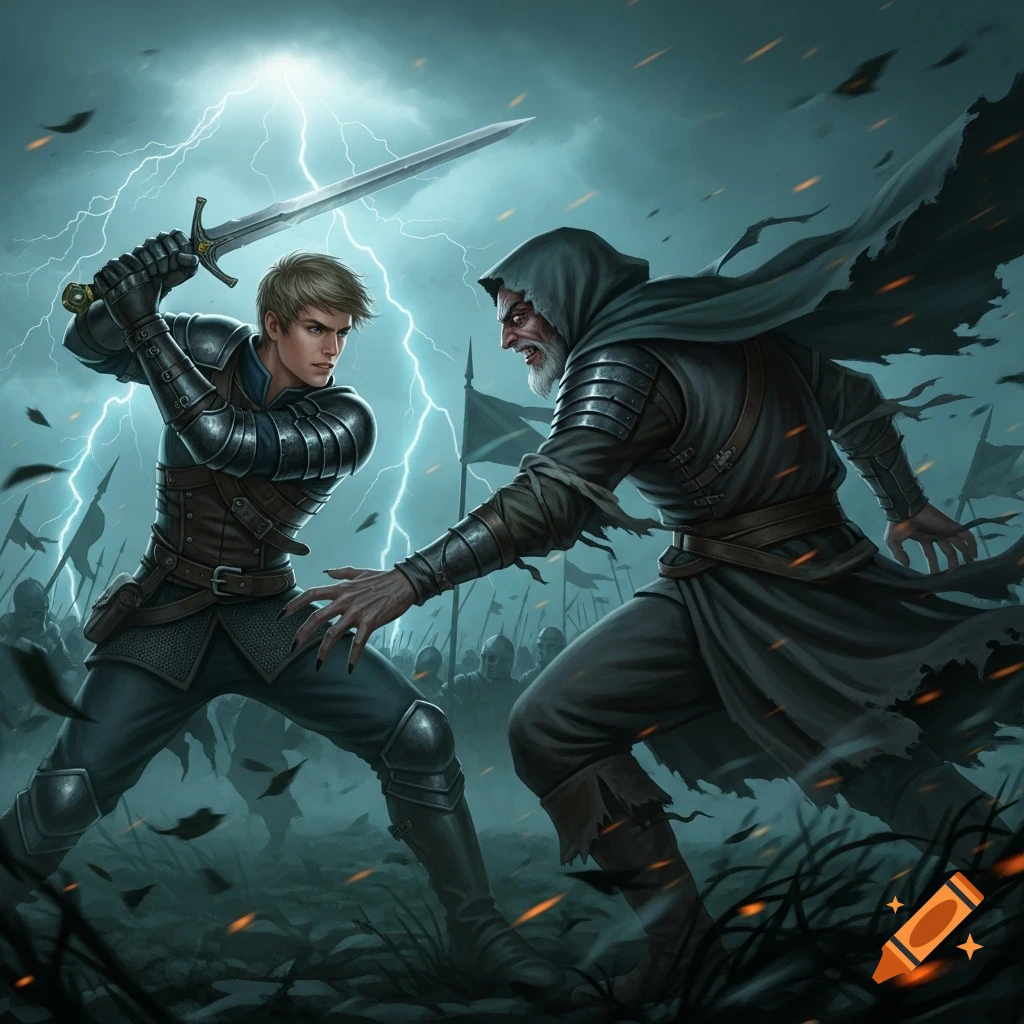 A young knight fights a robed, bearded villain with a sword during a stormy, lightning-filled fantasy battle.