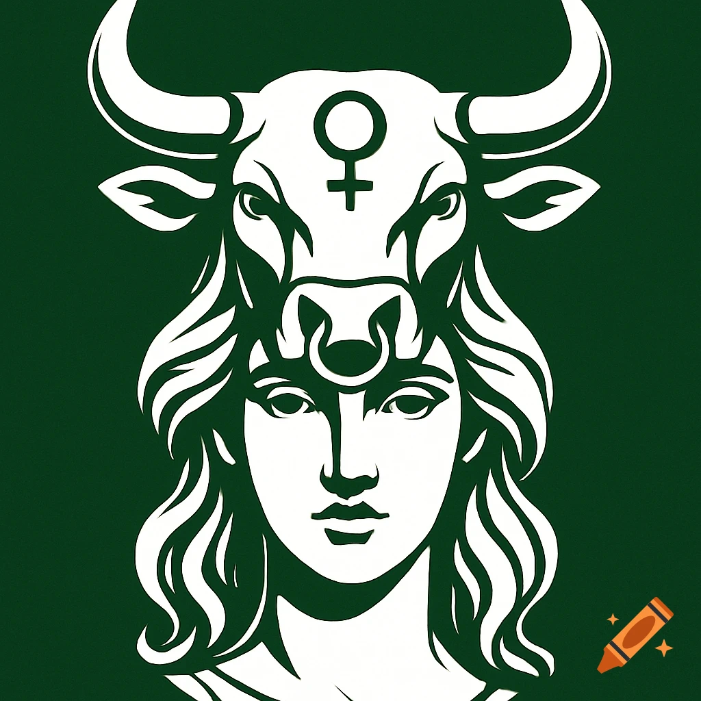 White logo illustration of a woman wearing a bull's head helmet with a female symbol on its forehead, on a green background.