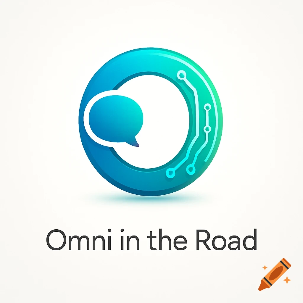 Blue and green circular logo with a chat bubble and circuit board lines, text reads 'Omni in the Road'.