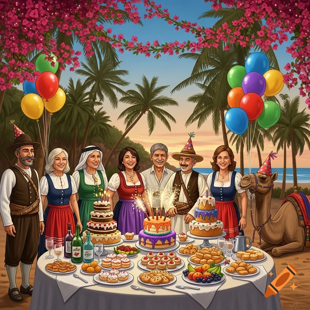A diverse group of people, some in traditional Austrian attire, celebrate a birthday on a beach with cakes, food, balloons, and a camel wearing a party hat.