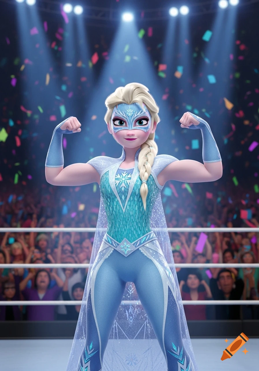 3D cartoon Elsa in a blue masked wrestling uniform flexes her muscles in a brightly lit wrestling ring with confetti falling and a crowd.