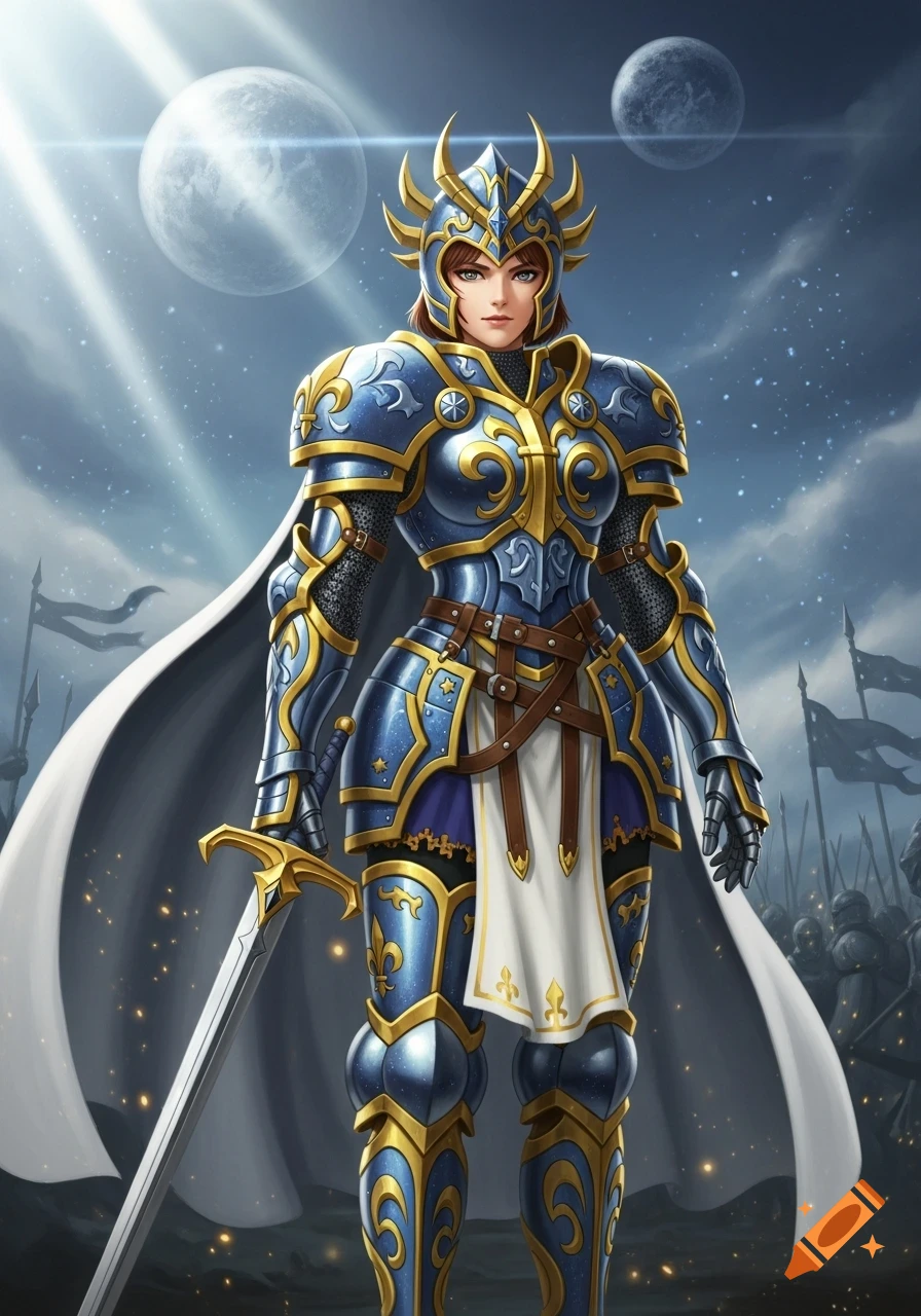Female knight in ornate blue and gold armor with a white cape stands holding a sword on a battlefield under a starry sky with two moons.