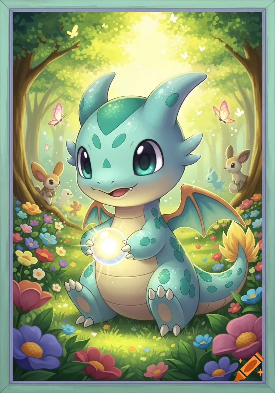 A cute, light blue dragon-like Pok 00e9mon with large eyes holds a glowing orb in a flower-filled forest with small animals and butterflies.