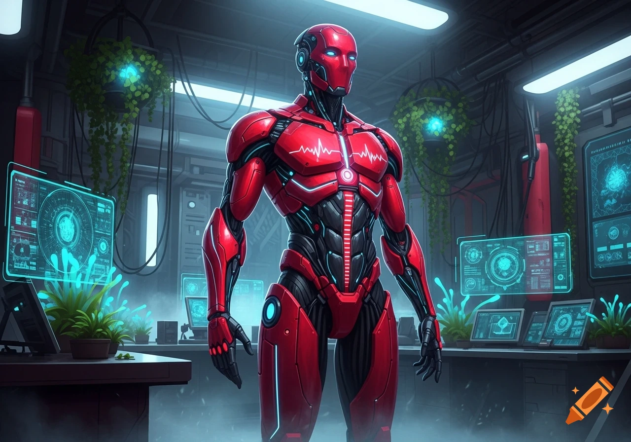 A sleek red and black humanoid robot stands in a glowing sci-fi laboratory filled with screens and hanging plants, digital art.