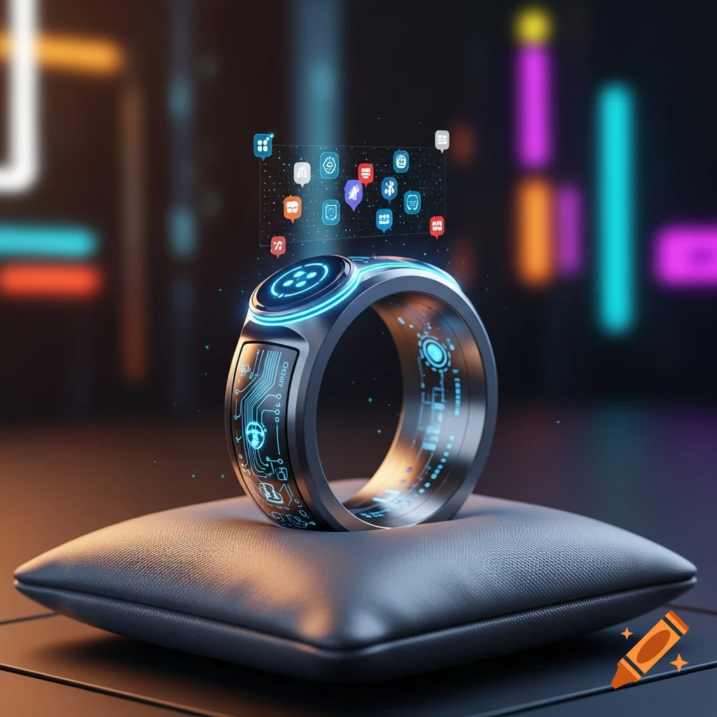 A sleek, futuristic smart ring with glowing blue circuits and holographic app icons, resting on a black leather pillow.