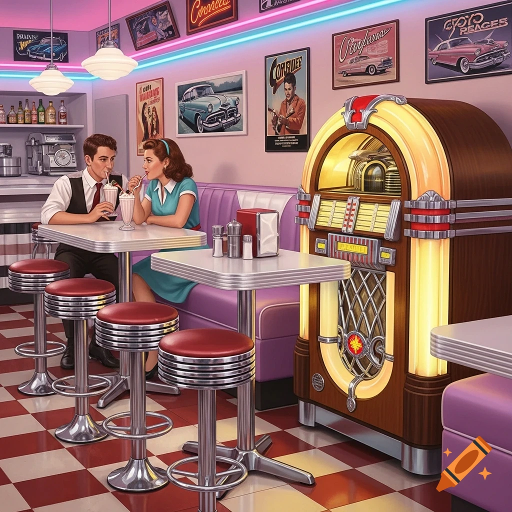 A couple in a retro 1950s diner, sharing a milkshake at a table next to a jukebox, with vintage car posters on the wall.