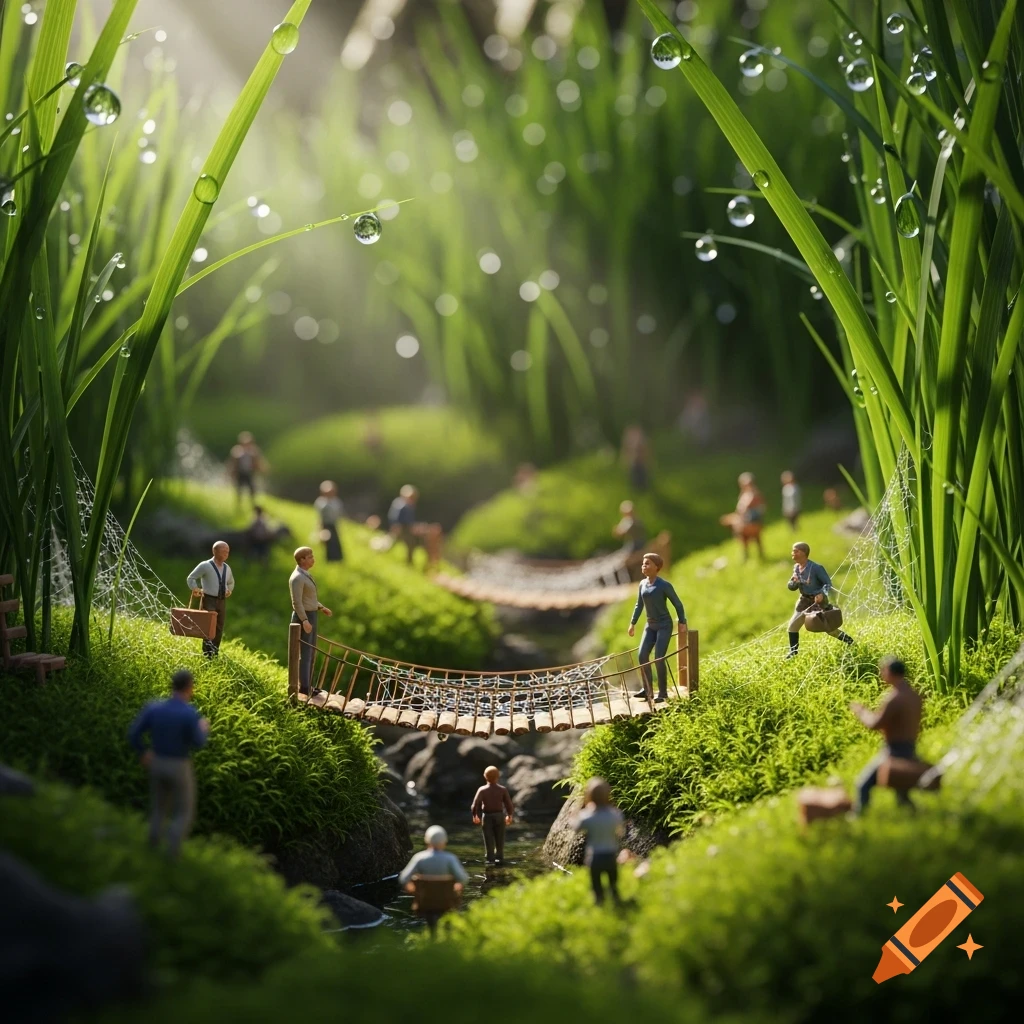 Photorealistic scene of tiny people in a lush green landscape with dewdrops, crossing rope bridges over small streams.