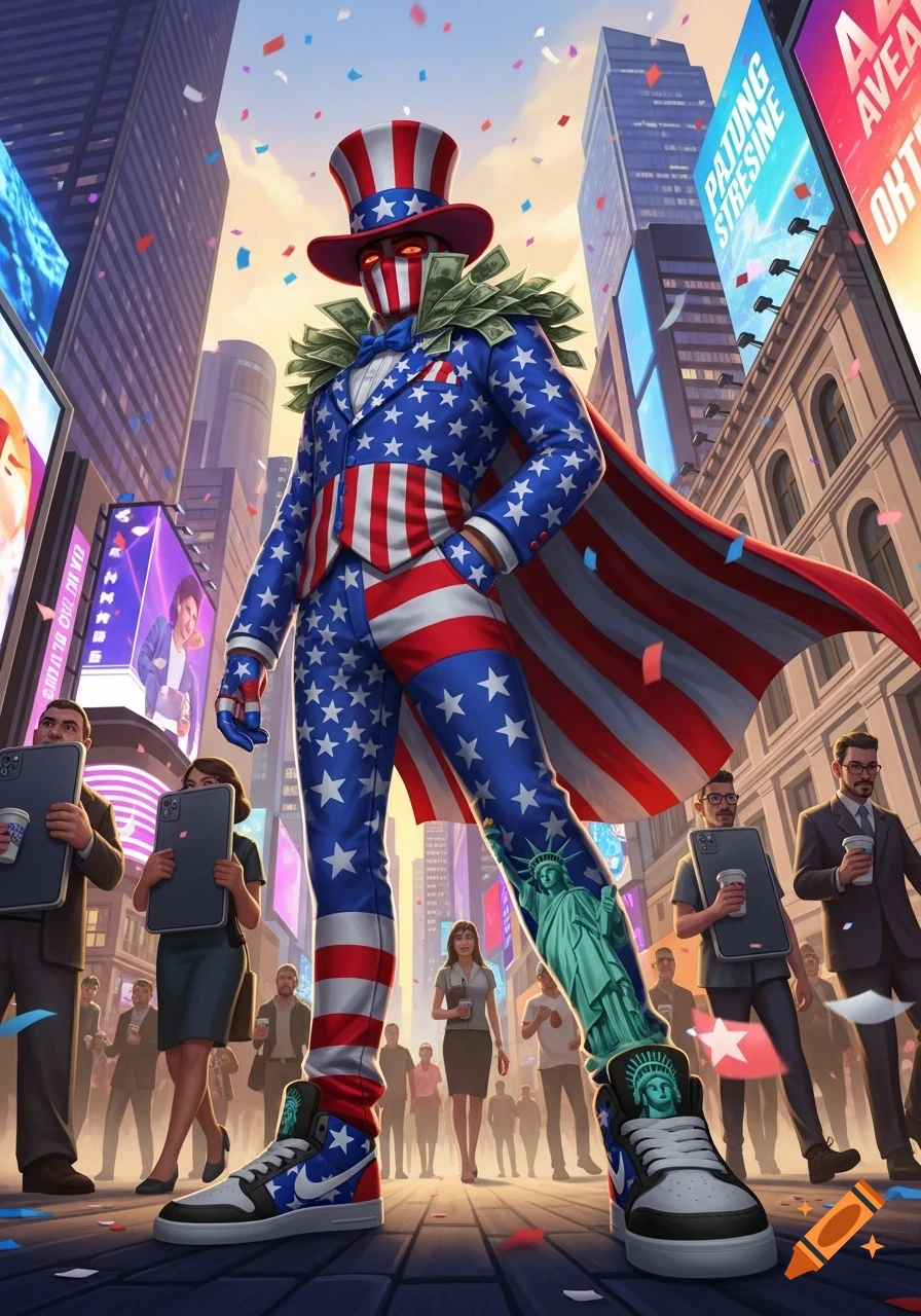 Satirical Uncle Sam-like figure in a patriotic suit and top hat, adorned with money bills, stands large in a bustling cityscape with falling confetti.