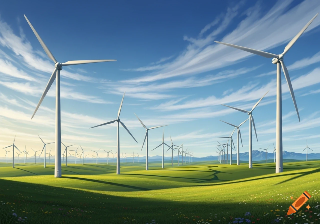 A vast wind farm with numerous white wind turbines dotting a vibrant green field under a bright blue sky with white clouds, generating clean energy.