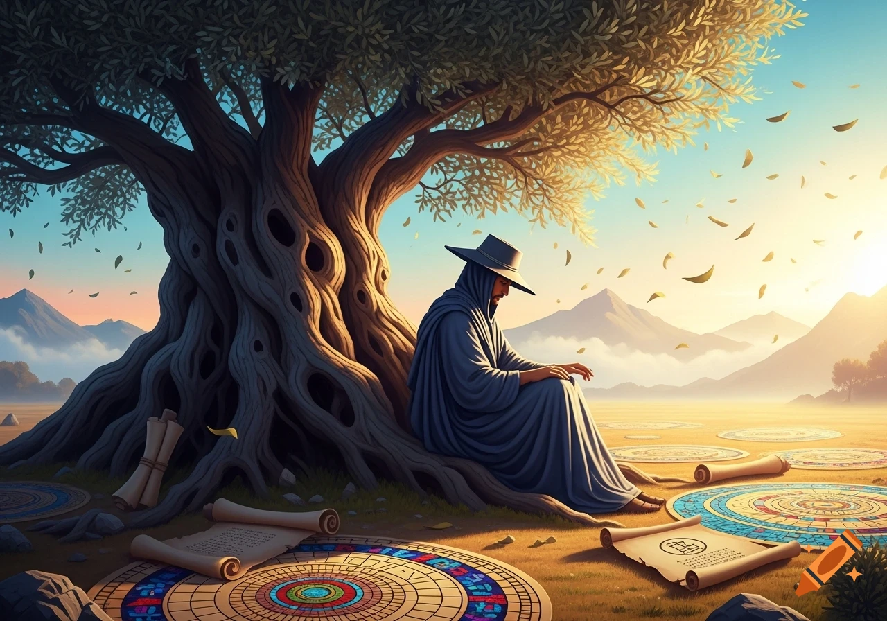 A robed figure sits under a massive gnarled tree, surrounded by scrolls and intricate circular patterns in a serene, golden landscape with mountains.