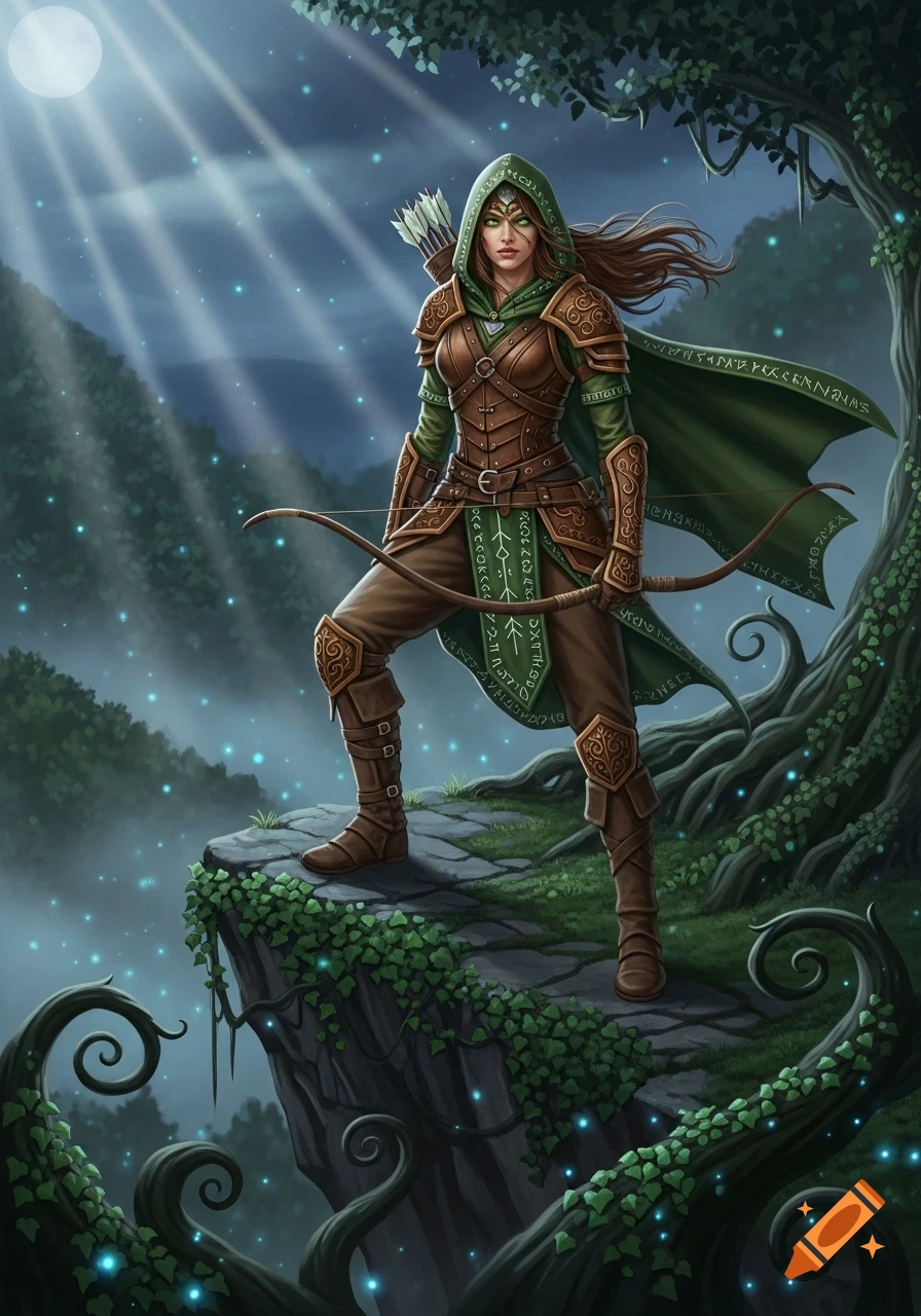 A fantasy woman archer stands on a moonlit cliff overlooking a forest, wearing green and brown armor, holding a bow.