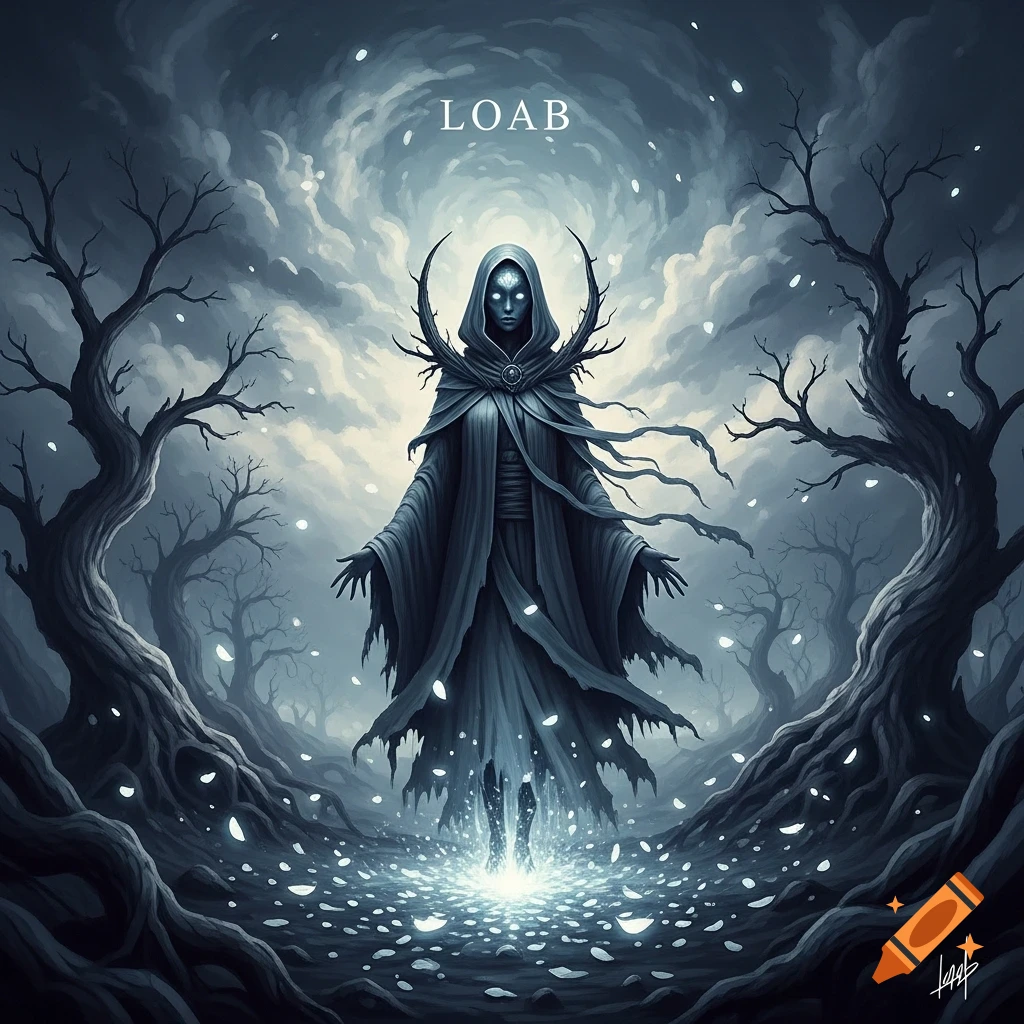 An eerie cloaked figure with glowing eyes stands in a dark, snowy forest with gnarled trees, light emanating from its feet, with the word "LOAB" at the top.