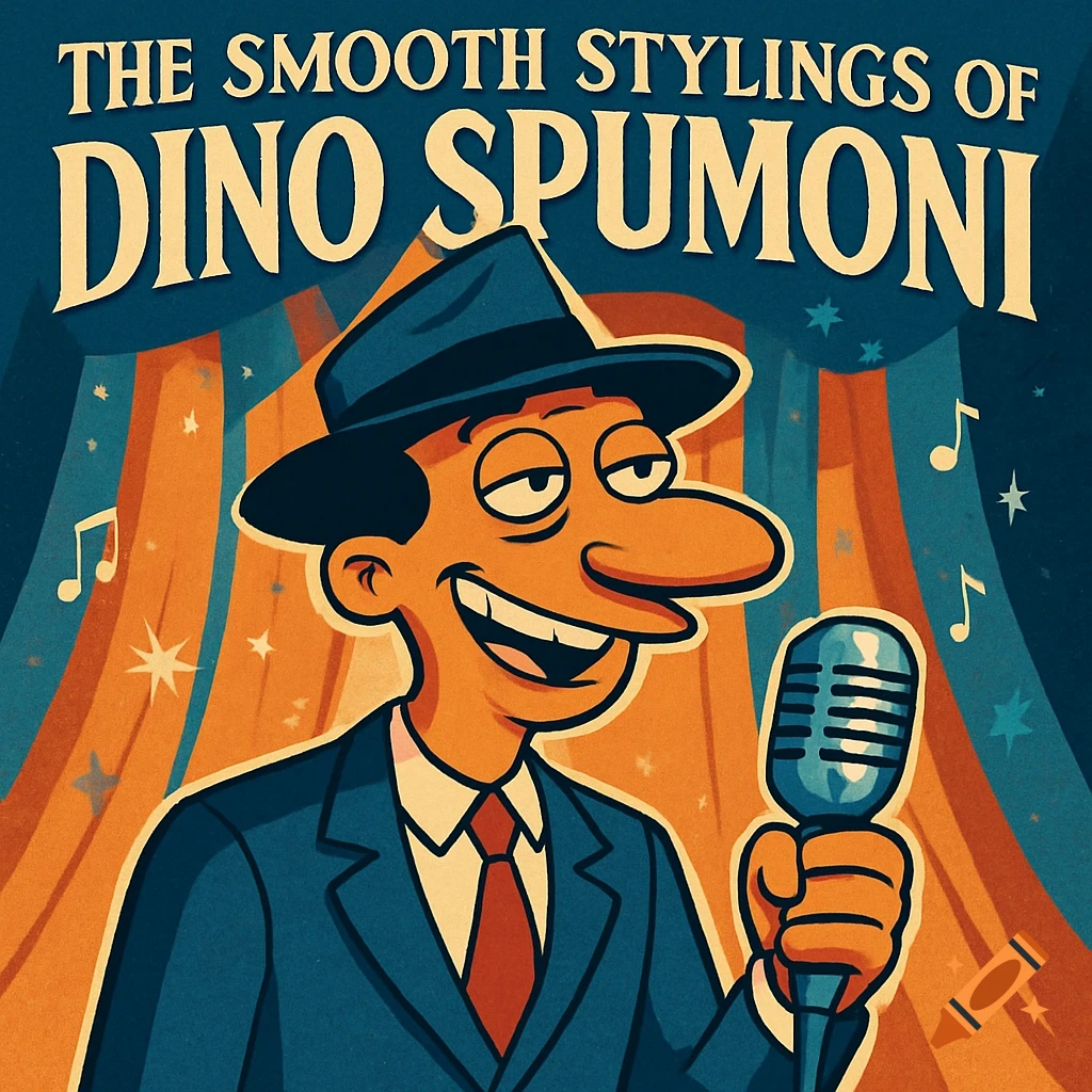 Retro cartoon album cover featuring Dino Spumoni in a suit and fedora, holding a microphone, with the title 'THE SMOOTH STYLINGS OF DINO SPUMONI'.