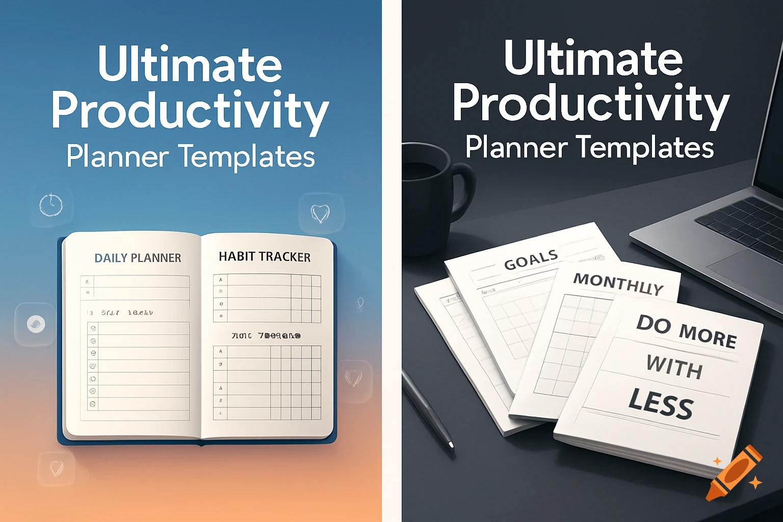 Two productivity planner thumbnail designs. Left shows an open planner with 'DAILY PLANNER' and 'HABIT TRACKER' on a blue-orange gradient. Right shows scattered planner pages with 'GOALS', 'MONTHLY', and 'DO MORE WITH LESS' on a dark desk with a laptop and mug.