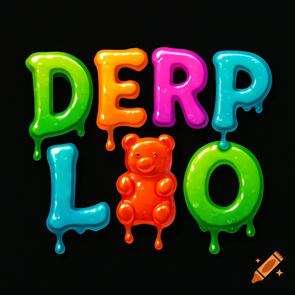Colorful, dripping gummy letters spell 'DERP LO' with an orange gummy bear on a black background.