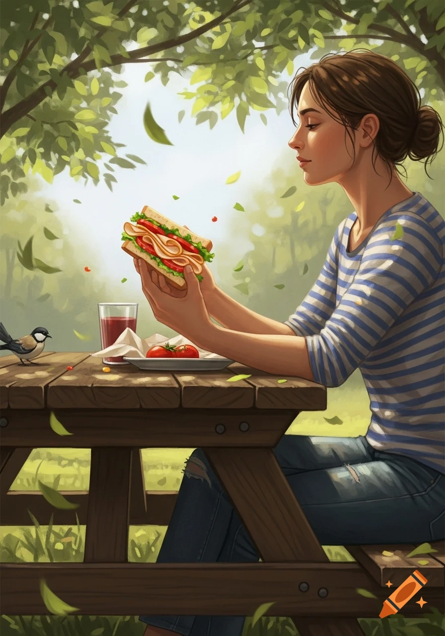 An illustrated image of a woman sitting at a picnic table, holding a sandwich in a park with leaves falling.