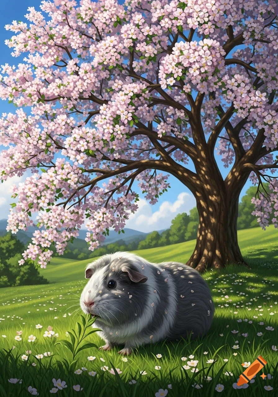 A gray and white guinea pig eats grass under a pink cherry blossom tree in a vibrant green spring field.