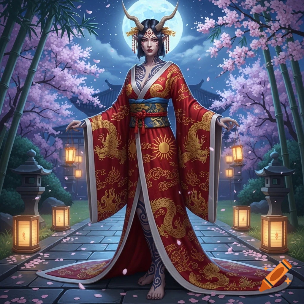 A horned woman in a red kimono with gold dragon patterns stands in a Japanese cherry blossom garden under a full moon, digital art.