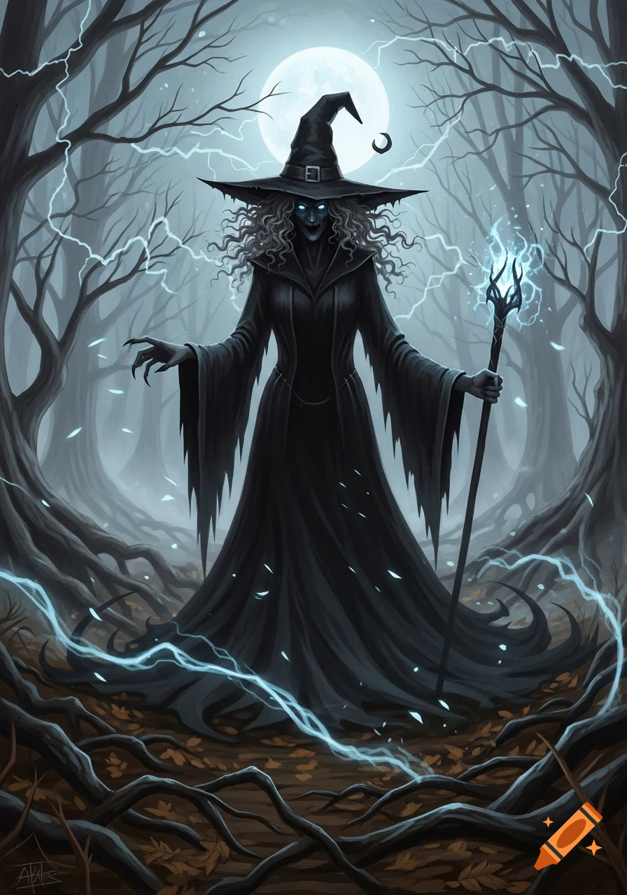 A terrifying, tall witch with curly hair in a dark, moonlit forest, holding a glowing staff and surrounded by lightning.