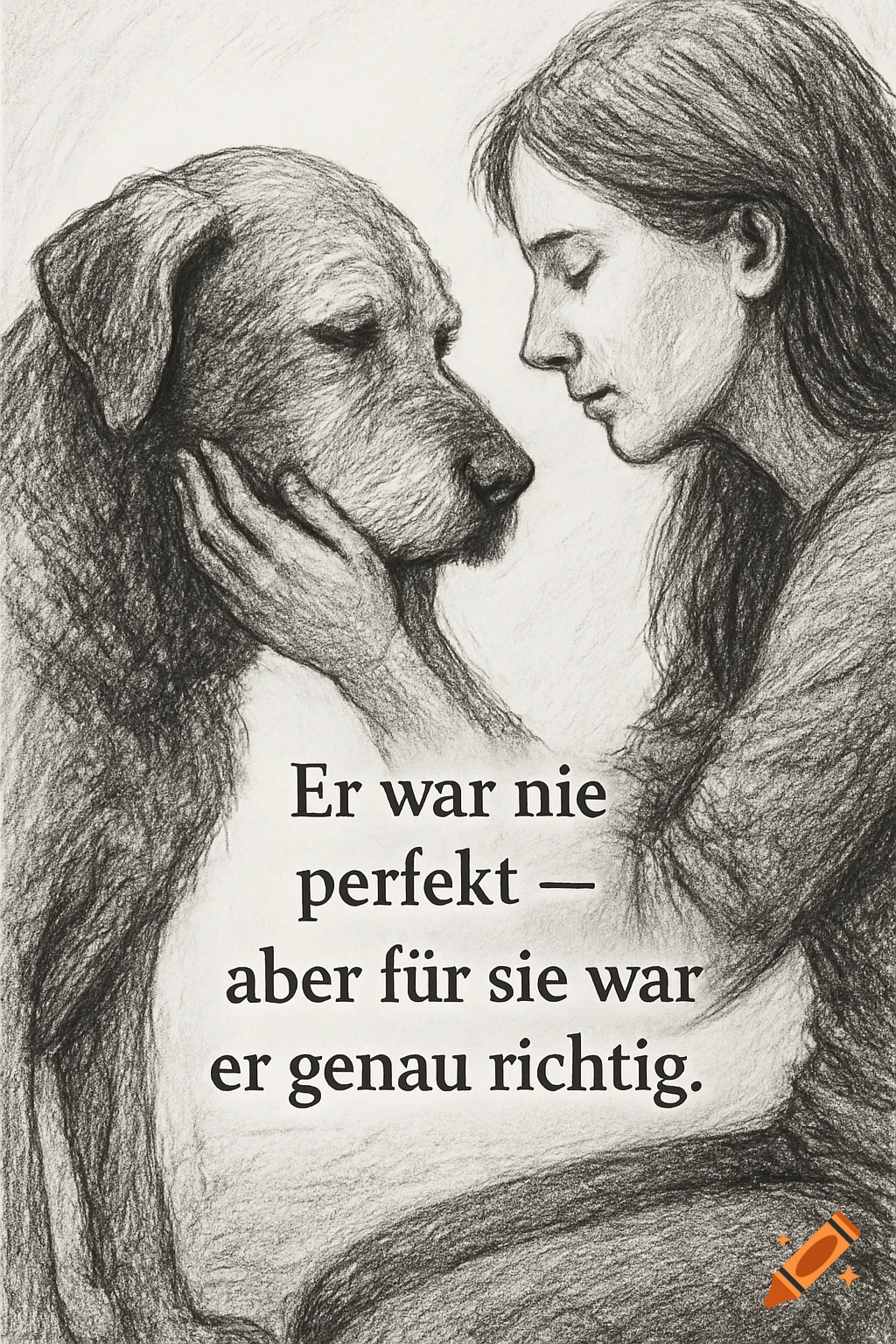 A black and white pencil sketch of a woman gently holding the head of a dog, with German text below them.