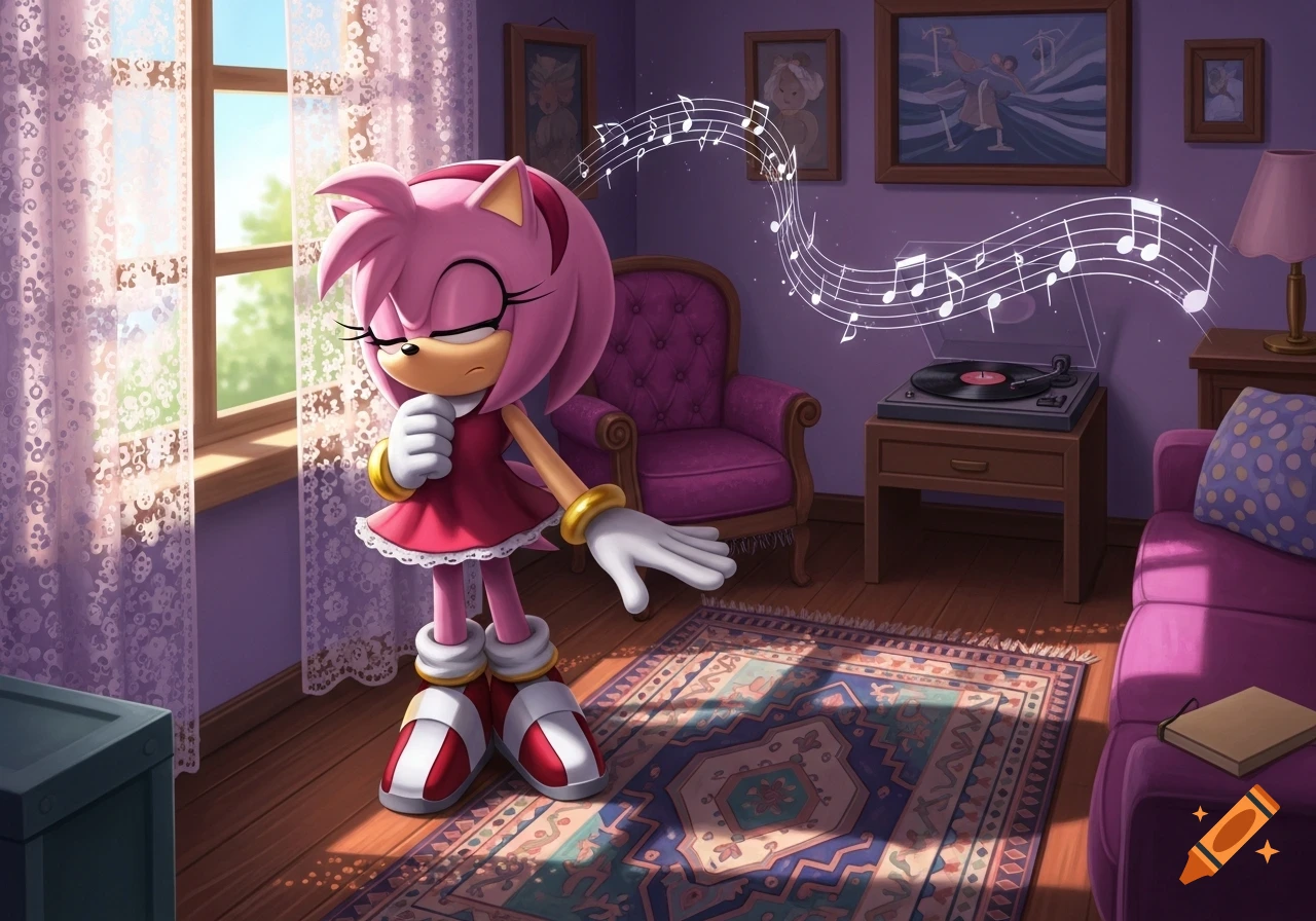 Amy Rose stands thoughtfully in a sunlit purple room, listening to music from a record player, with musical notes floating around.