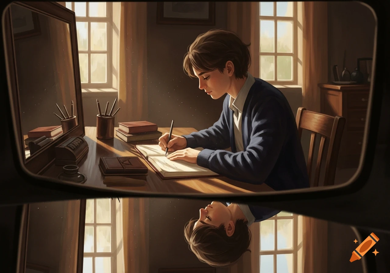 A person with brown hair in a dark blue cardigan is seated at a wooden desk by a window, writing in an open book with a pen. Books and pens are on the desk, which has a reflection.