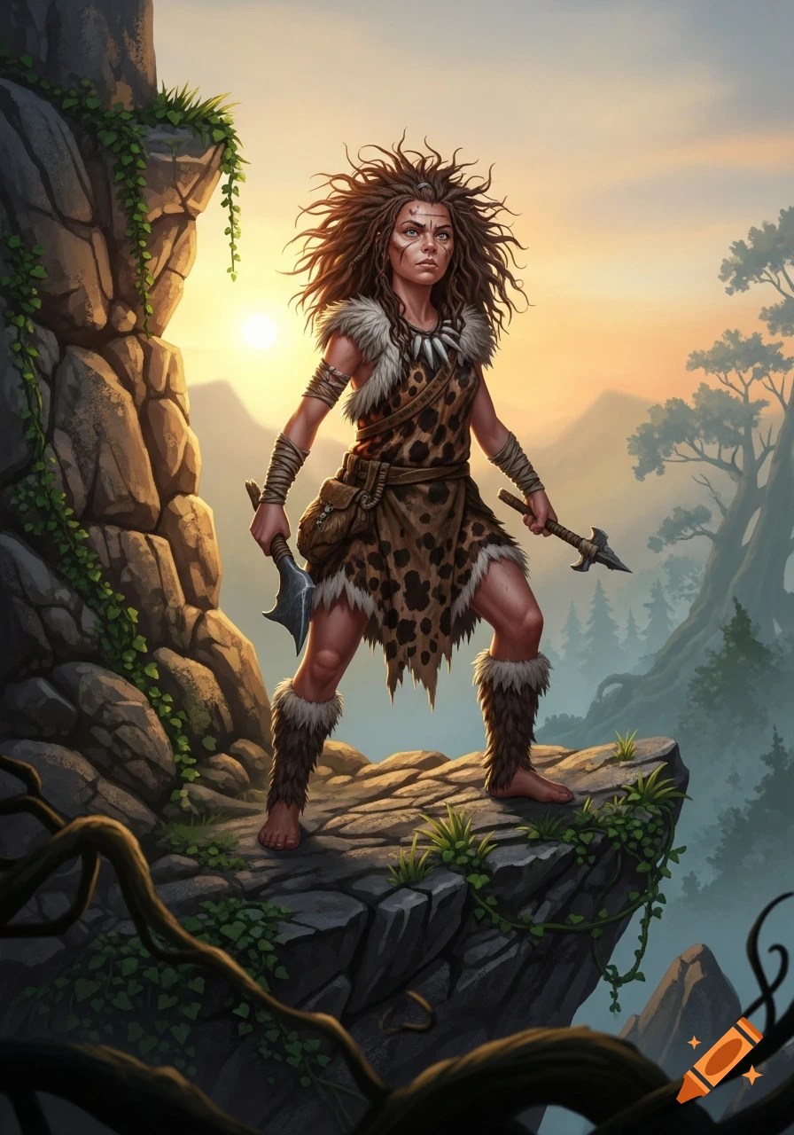 A fierce cave girl with wild hair, fur clothing, axe, and spear stands on a rocky cliff at sunset, jungle in background.